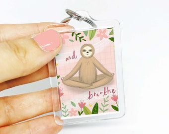 Sloth Doing Yoga Keyring, Cute Sloth Illustrated Keychain, Pink Positive Mental Health Keyring, Cute Illustrated Animal Keychain, Sloth Gift