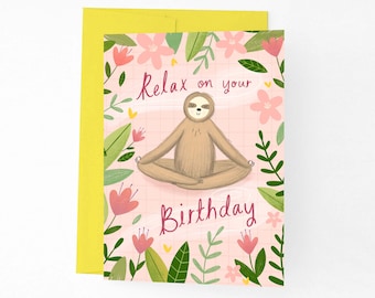 Sloth Doing Yoga Birthday Card, Cute Sloth Illustrated Birthday Card for Her, Pink Positive Mental Health Birthday, Funny Sloth Birthday