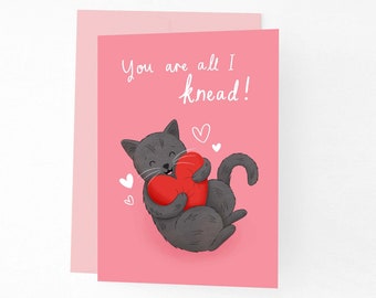 You Are All I Knead Funny Cat Love Card, Cute Cat Anniversary Card, Punny Cat Holding Heart Card, Card For Girlfriend