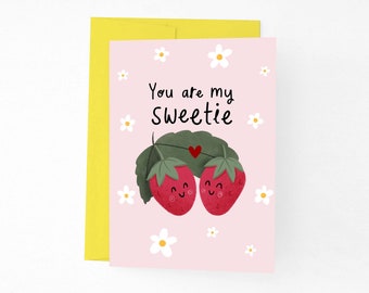 You Are My Sweetie Valentines Day Card, Cute Strawberry Couple Love Card, Pink Anniversary Card For Girlfriend