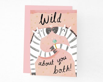 Cute Zebra Engagement Card, Wild About You Both Card For Engaged Couple, Newly Engaged Animal Card