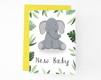 New Baby Elephant Card, New Baby Jungle Elephant Illustrated Card, Baby Shower Jungle Animal, Cute Baby Elephant New Arrival Card