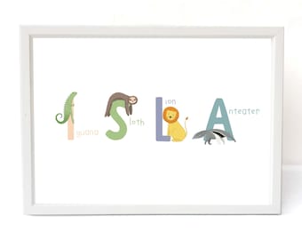 Personalised Animal Name Baby Print, Custom Kids Name Art Print, Cute Animal Alphabet Nursery Decor, Nursery Letter Art, Initial Wall Art