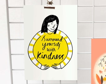 Sunshine Postcard Print, Surround Yourself with Kindness Illustrated Wall Art Print, Positive Mental Health, Cute Kindness Postcard Print