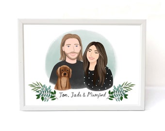 Custom Couple Illustrated Portrait Prints, Personalised Family Digital Drawing Art Print, Unique Illustrated Home Decor Caricature Gifts