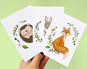 Woodland Animal Postcard Pack of 3, Cute Fox, Bunny and Hedgehog Postcard Prints, Cute Animal Mini Wall Art Pack, Woodland Nursery Prints