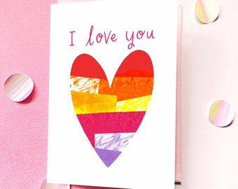 I Love You Valentines Day Card, Cute Rainbow Heart Love Card, LGBTQ+ Valentine Card, Collaged Rainbow Heart Valentines Card For Girlfriend