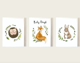 Woodland Animal Nursery Print Set of 3, Personalised Baby Name Print, Cute Fox Hedgehog and Rabbit Prints, Baby Shower Nursery Print Gifts