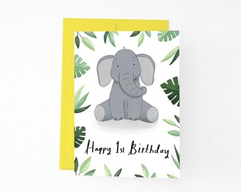 Happy 1st Birthday Baby Elephant Card, First Birthday Jungle Elephant Illustrated Card, Baby Animal Birthday Card, Cute Baby Elephant Card