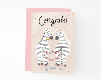 Cute Zebra Wedding Card, Congrats Card For Newly Wed Couple, Just Married Quirky Animal Couple Card