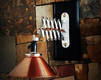 Industrial Steampunk Copper Shaded Scissor Arm Wall Sconce With Back Plate, Industrial Lighting, Edison Lighting,Steampunk Lighting