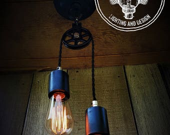 Industrial Black Double Pulley Pendant Light, Industrial Lighting, Ceiling Lighting, Pendant Lighting, Home Decor, Steampunk