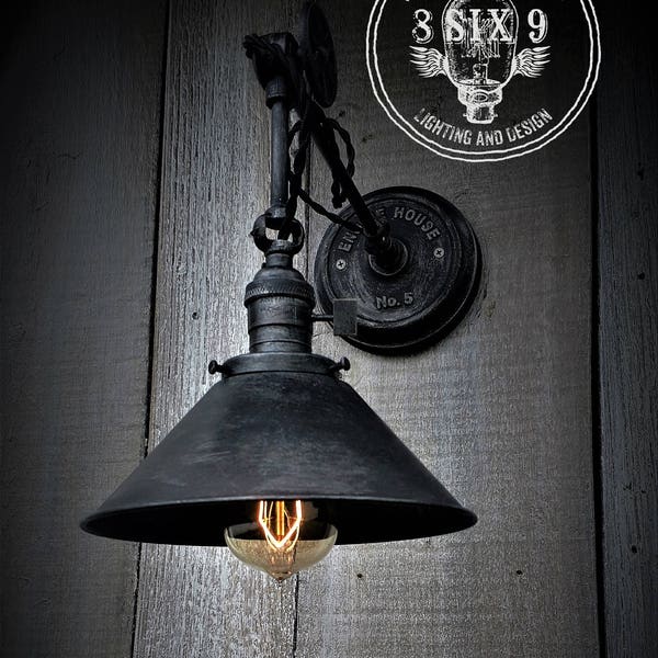 Industrial Shaded Grunge Series Wall Sconce Pulley and Vintage Cord, Wall Sconce, Industrial Lighting, Edison Lighting,Steampunk Lighting