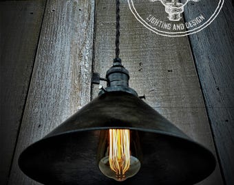 Industrial Grunge Engine House No.5 Single Distressed Black Shaded Pendant Light , Ceiling Light, Pendant Lighting, Steampunk