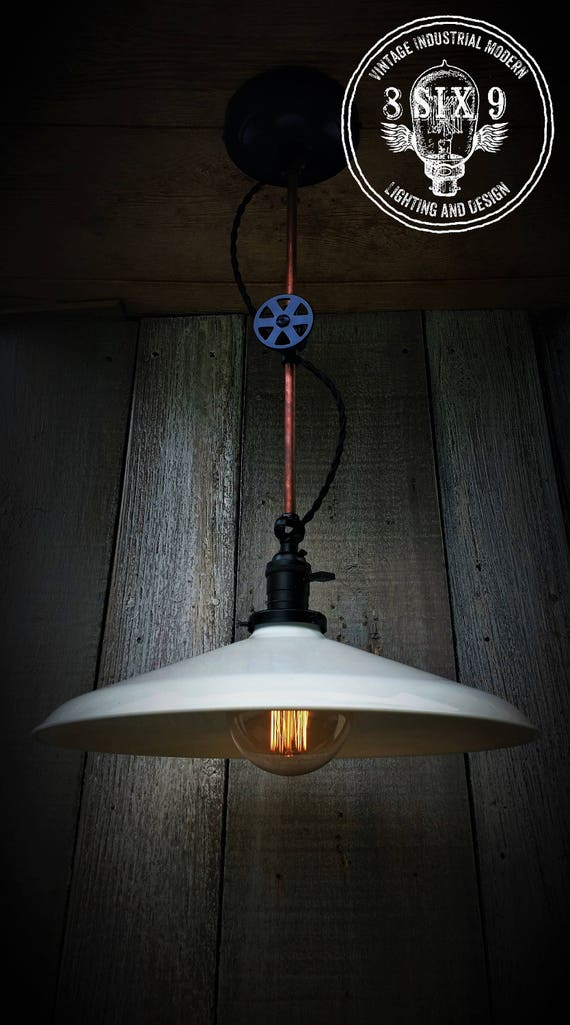 Copper And White Porcelain Shaded Pendant Light