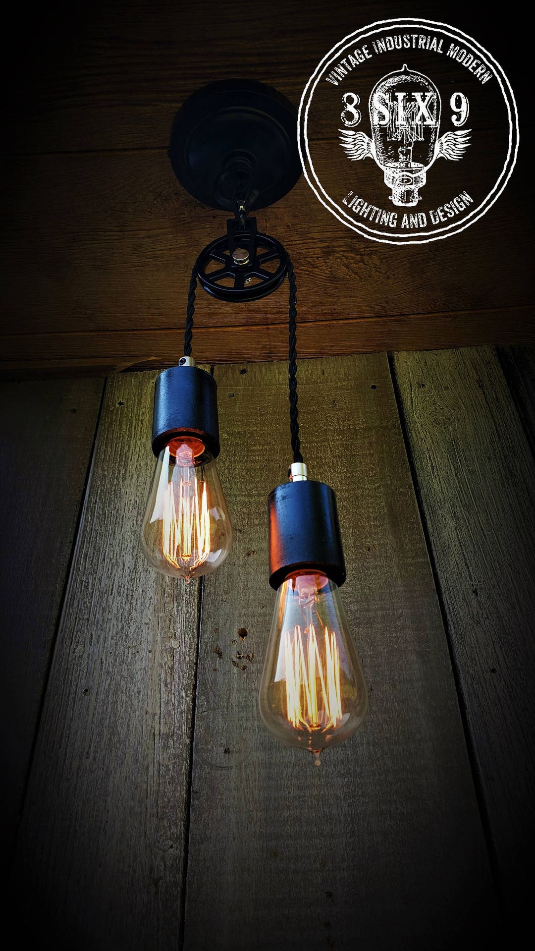 Industrial Black Double Pulley Pendant Light, Industrial Lighting