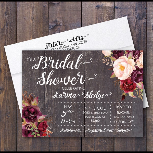 PRINTED Rustic Bridal Shower, Bridal Shower Invite, Kraft Bridal, Country Rustic, Bridal Shower, Invitations, Western, Barnwood, Floral