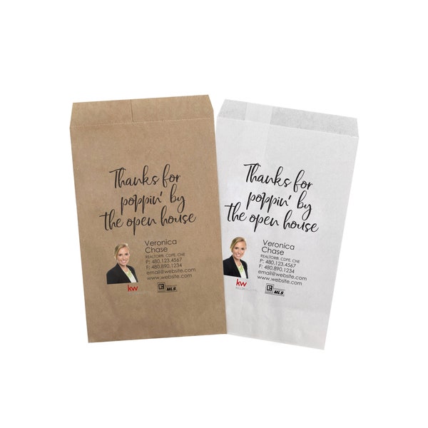 Realtor Open House Gift Treat Bags, Popcorn Bag, Real Estate Agent Promotional Item, Goodie Bags, Favor, Kraft Brown Bags, Candy Bar Dessert