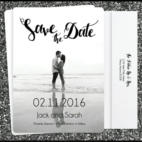 SAMPLE---- PRINTED Country Rustic Wedding Save-The-Date w/Envelope | Oversized Script Names Romantic Elegant | With return address Printing!