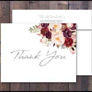 PRINTED Rustic Floral Wedding Thank You Card/ Kraft Thank You Cards/ Rustic Bridal Shower/ Oversized Script Font Names Elegant/ Marsala