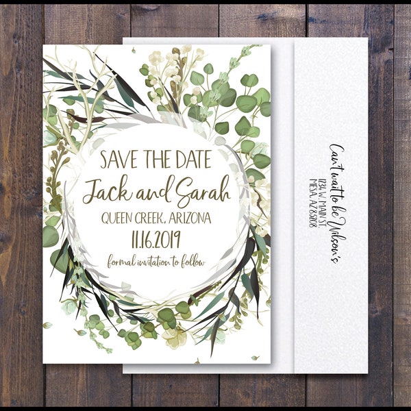 PRINTED Greenery Save the Date Wedding Save-The-Date Kraft Brown Script Romantic Elegant Rustic Floral Wreath Eucalyptus Grey Garden