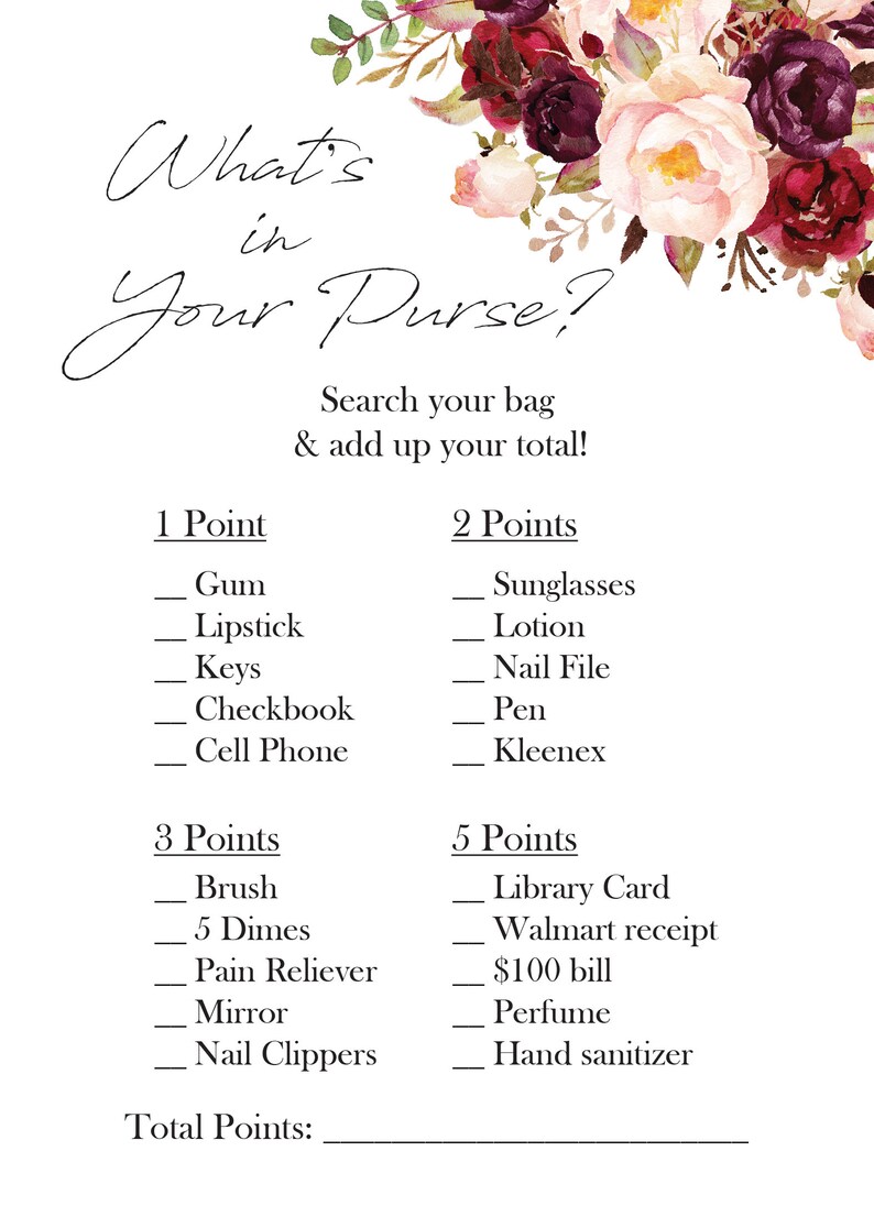 Bridal Shower Game What's in Your Purse Rustic Bridal Etsy