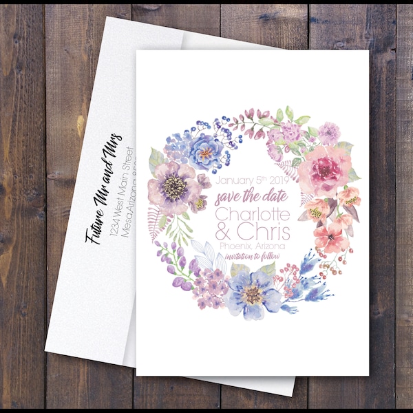 PRINTED Floral Wedding Save-The-Date w/Envelope | Kraft Brown Paper Font Names Romantic Elegant Floral Wreath Pastel Pink Purple Blue