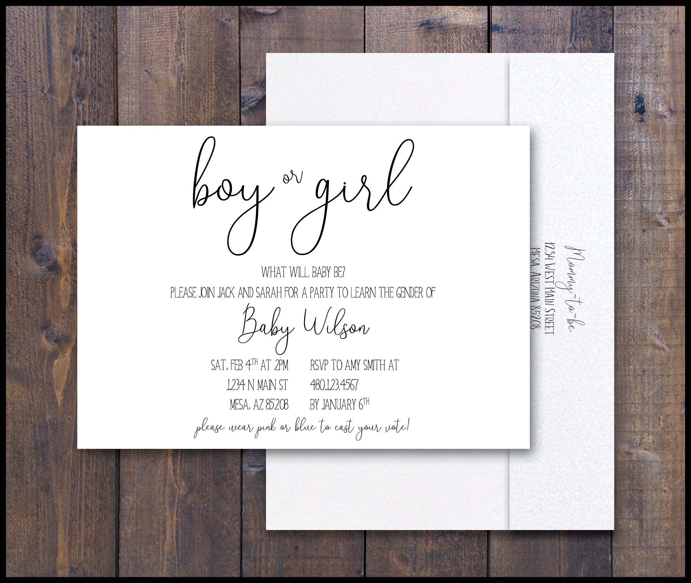 Printed Chic Baby Gender Reveal Invitation & RSVP Envelope Baby Girl ...