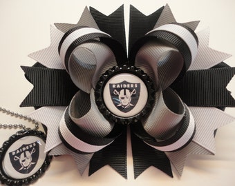 Oakland Raiders Boutique Stacked hair Bow W5.0" x L4.5" x H2.0" & Matching Necklace Set