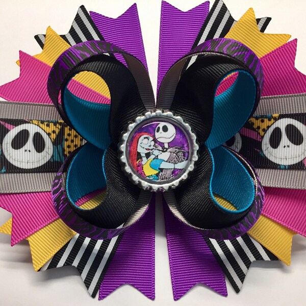 Jack Skellington & Sally Nightmare Before Christmas Boutique Stacked Hair Bow W5.75" x  L5.5" x H2.0"