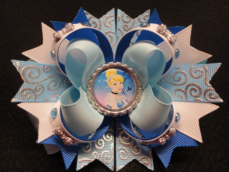 Princess Cinderella Boutique Stacked Hair Bow Handmade Blue And White
