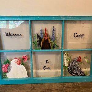 Hand Painted Reclaimed Window- Chickens