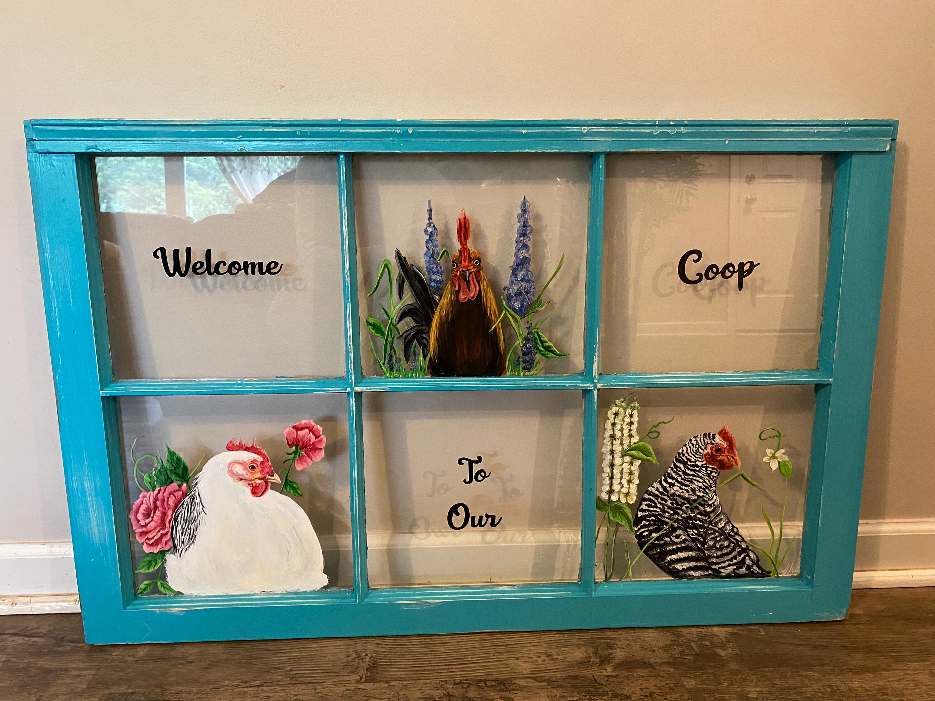 Hand Painted Reclaimed Window- Chickens - Etsy