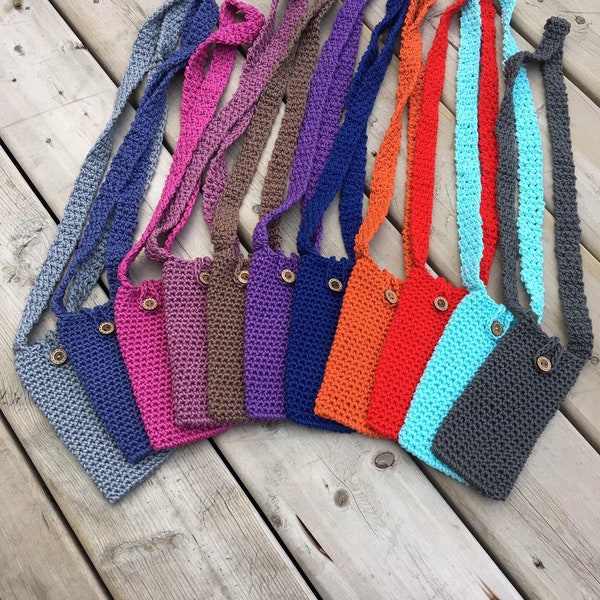 100% cotton cell phone carrier. Crossbody. Snuggly fit IPhone 11 or 6/7/8 plus Button Loop closure. Handmade crochet.  Multiple colours