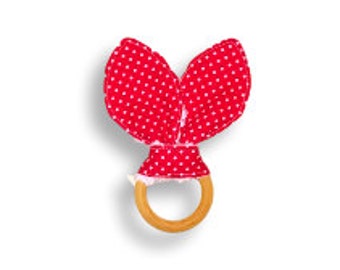 Anillo de dentición de madera natural <<Lunares rojos y blancos>> ~ Juguete para bebés/dentición/orejas de conejo