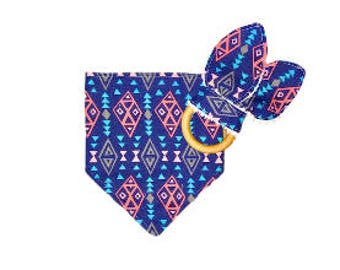 Babero y mordedor <<Azteca azul marino coral>> Bebé/Niño pequeño/Juguete para la dentición/Baba/Orejas de conejo//Azul//Azul claro//Rosa//Triángulos