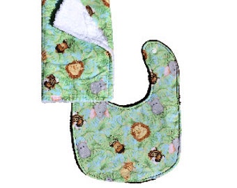 Bib & A Burp Cloth <<Safari>>  Green/Brown/Lion//Elephant//Rhino//Monkey//Tiger//Giraffe