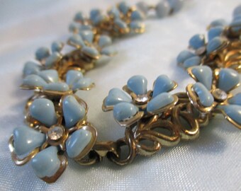 Blue Flowers with Rhinestone Centers Metal and Plastic Beads Necklace,Hook Clasp