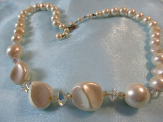 Vintage Faux White Pearls  and Crystals Necklace - image 1