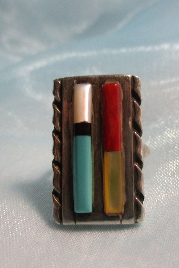 Zuni Turquoise, Coral, Pearl Silver Ring