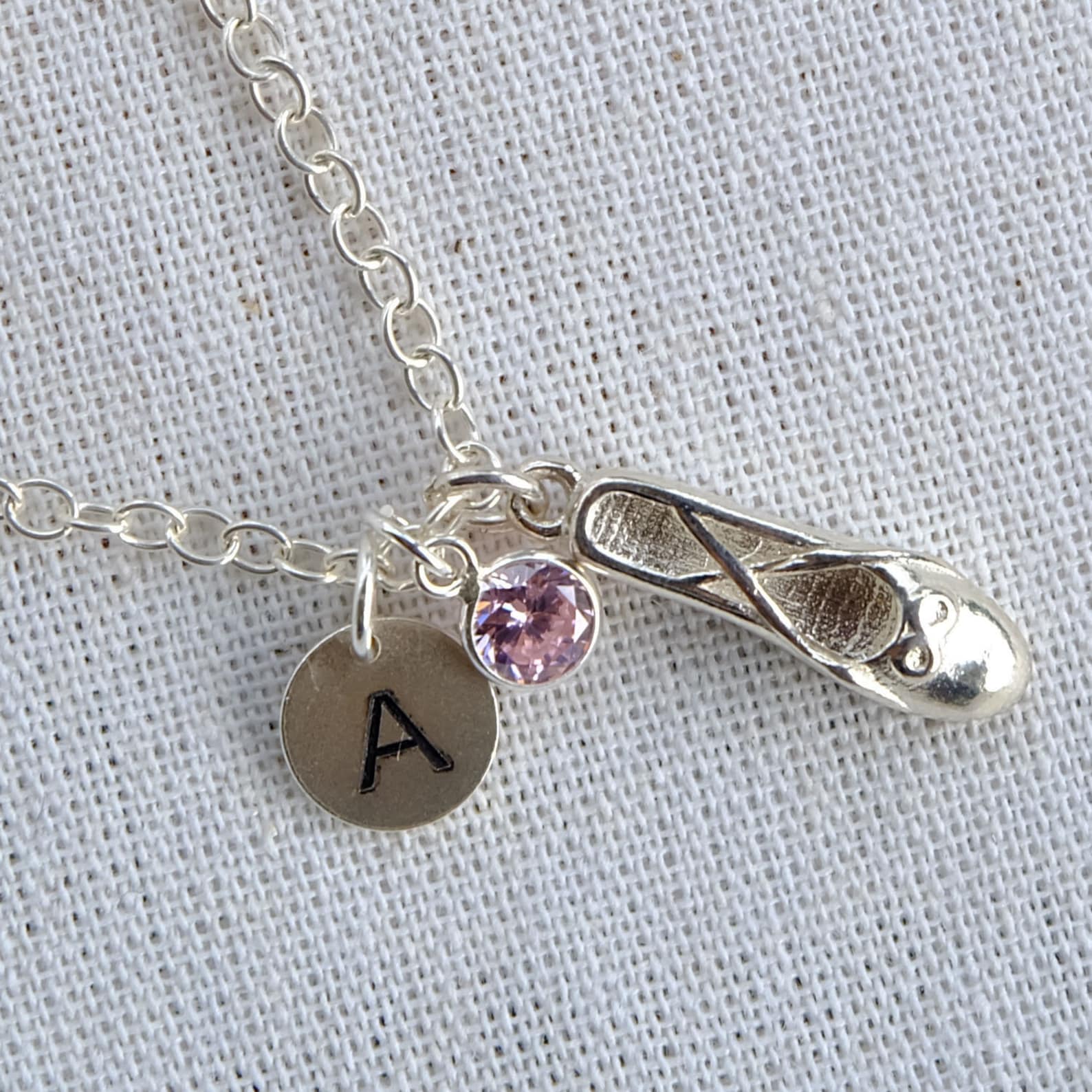 personalized sterling silver ballet slipper necklace , ballerina gift , ballet dancer gift , personalized initial name charm , d