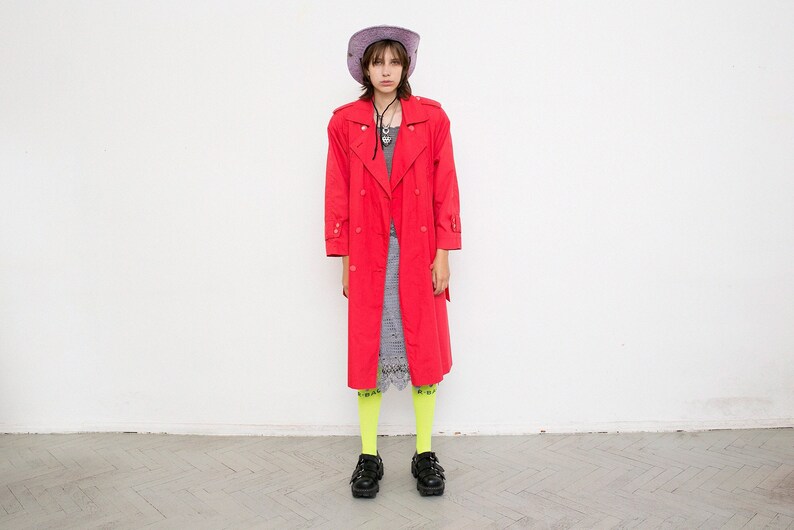 Vintage Strawberry Red Trench Light Elegant Coat Long Sleeved Classic Double Breasted Padded Shoulders Autumn Spring Streetwear Retro 90s. image 3
