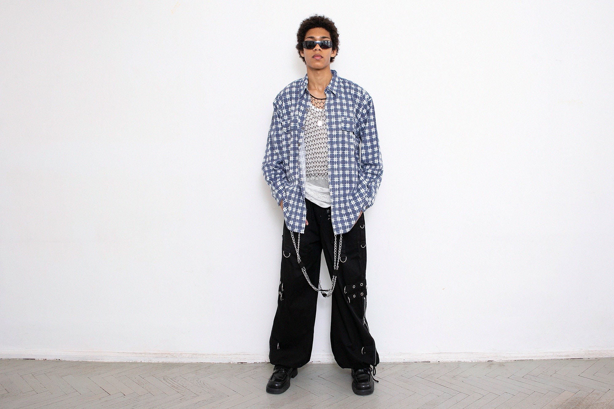 ヴィンテージ チェック柄 コットン シャツ ブルー ボタンアップ 90年代 