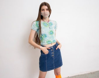 Vintage Denim Mini Skirt Blue Button Up Londoner Pocketed Rocker A Line Spring Summer Festival Womenswear 90s.