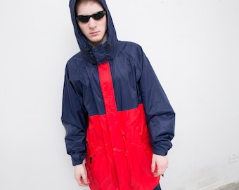 Vintage Helly Hansen Rain Coat Blue Red Waterproof Breathable Rain Jacket Scandinavian Style Hooded Classic Spring Autumn Windbreaker Zip Up