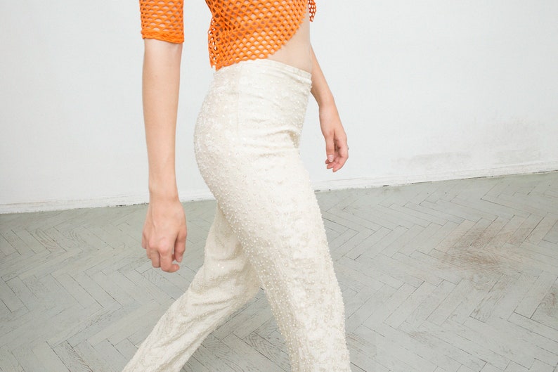 Vintage Silk Beige Glitter Pearl Floral Detail Trousers Wide Relaxed Zip Up Mid Waisted Lightweight Romantic Shiny Summer Festival Pants Y2K