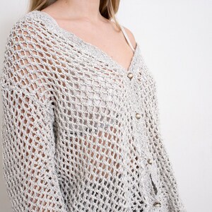 Vintage Crochet Cardigan Sweater See Through Light Grey Net 90s image 9