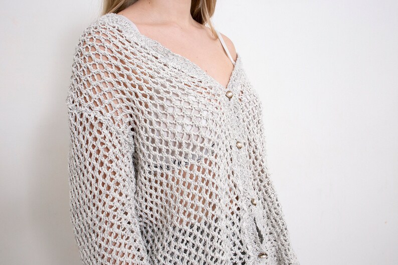 Vintage Crochet Cardigan Sweater See Through Light Grey Net 90s image 9