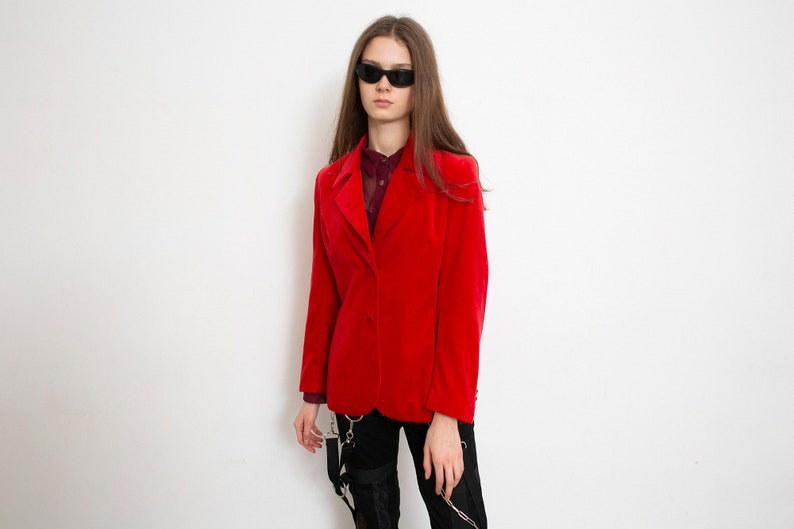 Vintage 90s Velvet Blazer Jacket Red Tailored Preppy image 5