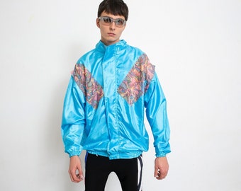 Vintage 90s Track Jacket Windbreaker Blue Abstract Activewear